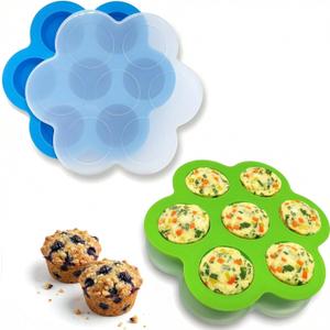 GOKCEN's Silicone Egg Bite Molds [2 Pack] Instant Pot Accessories - Total 14 Cups Muffin Pan for Baking - Food Freezer Tray with Lid - Reusable Storage Container (Blue & Green - Egg Bite Mold)