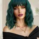 Mairead Dark Green Wig With Bangs Short Wavy Curly Bob Wig With Bangs Color Dark Green Wigs For Women Synthetic Heat Resistant Wigs for Halloween Costumes Cosplay Daily (Body)