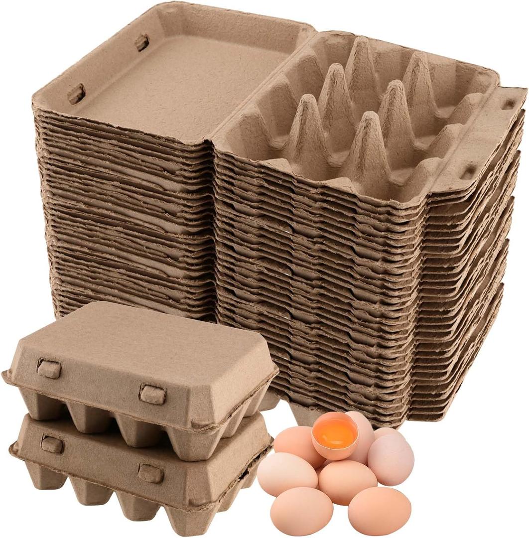 SEUNMUK 50 Pack 12 Cell Empty Egg Cartons,Brown Pulp Fiber Egg Tray Holder Stackable Egg Container holder with Lids for Storing Eggs