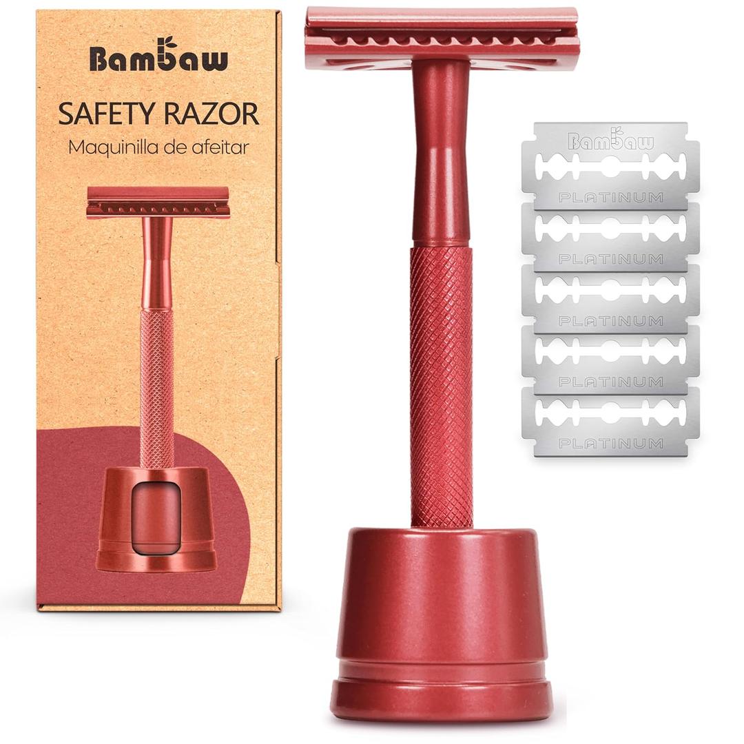 Bambaw Double Edge Safety Razor with Stand, Safety Shaving Razor with 5 Double Edge Safety Razor Blades, Eco-Friendly Razor for Shaving  Red