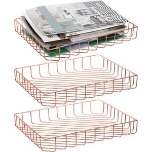 Okllen 3 Pack Wire File Tray, Rose Gold Desk Paper Letter Tray, Magazine Files Storage Basket Organizer Bin for Office, Pantry Home, Classroom, School