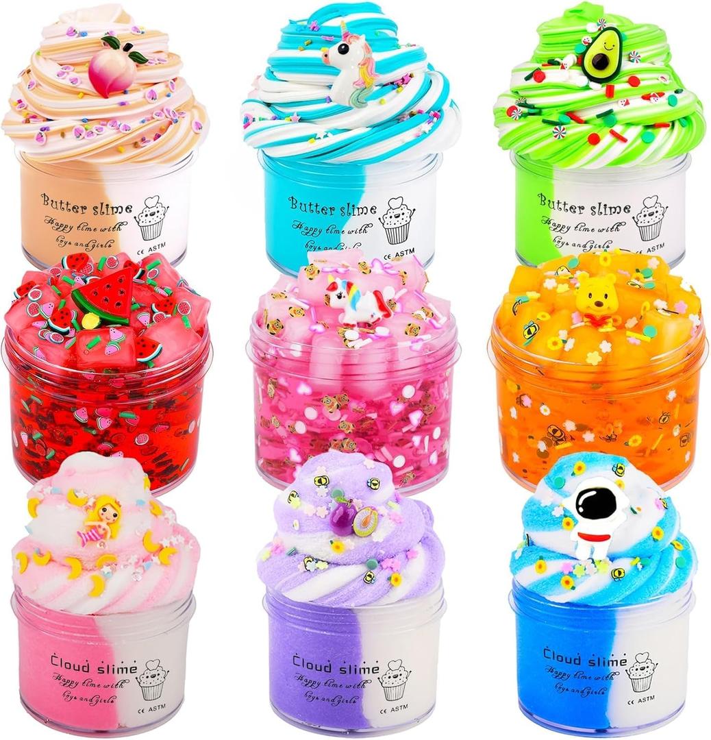 9 Pack Slime Kit, with 6 Butter Slime and 3 Jelly Cube Crunchy Slime, Soft & Non-Sticky, for Girls and Boys Family Toy, Party Favors, Stress Relief Toys