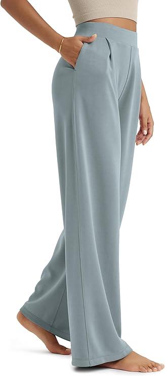 ODODOS Modal Soft Wide Leg Pants for Women High Waist Casual Relaxed Pants with Pockets, 31" Inseam, Grey Blue, Small