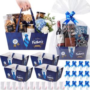 Moinchore 12 Pcs Happy Father's Day Basket for Gifts Empty 9.8 x 6.5'' Blue White Market Tray Cardboard Basket with Bows, Cellophane Bags, Twist Tiles, Empty to Fill for Holiday Birthday Wedding Party