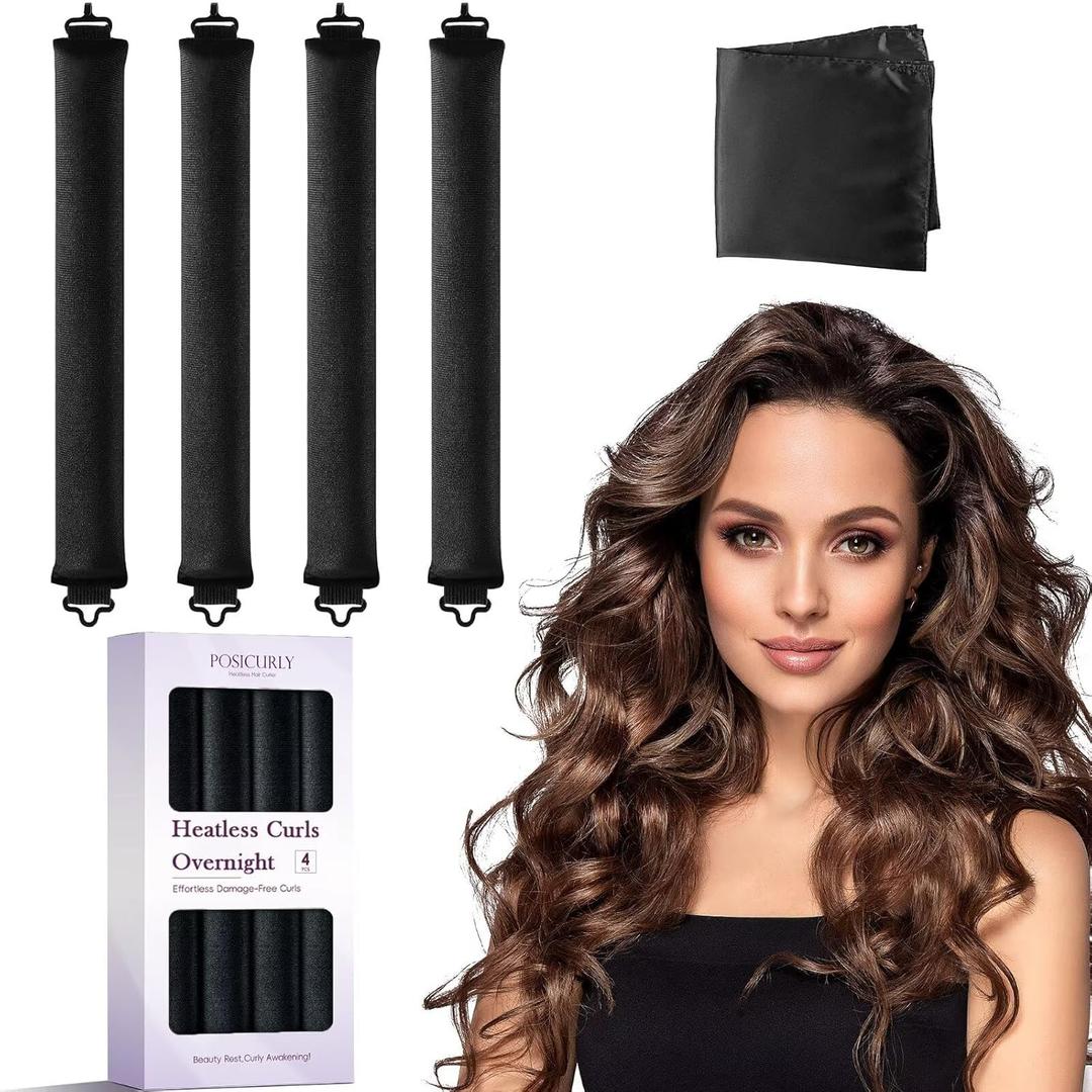 Heatless Curls Overnight Hair Curlers - 4 Pcs No-Heat Curling Rod to Sleep In,Velvet Hair Rollers with Satin Wrap (Black)