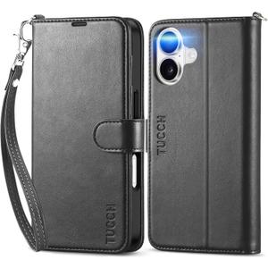 TUCCH Wallet Case for iPhone 17 (6.3") 2025, Wrist Strap RFID Blocking 4 Card Slots, Kickstand, Shockproof TPU Shell, PU Leather, Magnetic Closure, Protective Flip Folio Cover, Black