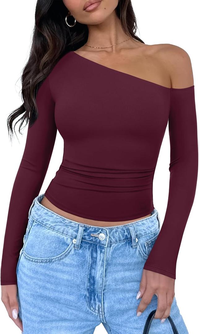 REORIA Womens 2025 Fall Fashion Long Sleeve Shirts Double Lined Casual Slim Fitted Off The Shoulder Tops (Small, Burgundy)
