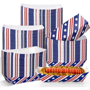 Havawish 100 Pcs 4th of July Hot Dog Food Trays 9.5 x 5 x 2.2 Inch Patriotic Disposable Large Paper Food Tray Red White Blue Pattern Independence Day Memorial Day Party Decoration (Classic)