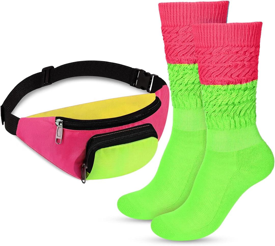 Hicarer 80s Costume Accessories for Women Girls Neon Retro Fanny Pack Slouch Sock Long Scrunch Sock for 80s 90s Party Outfits (Green)