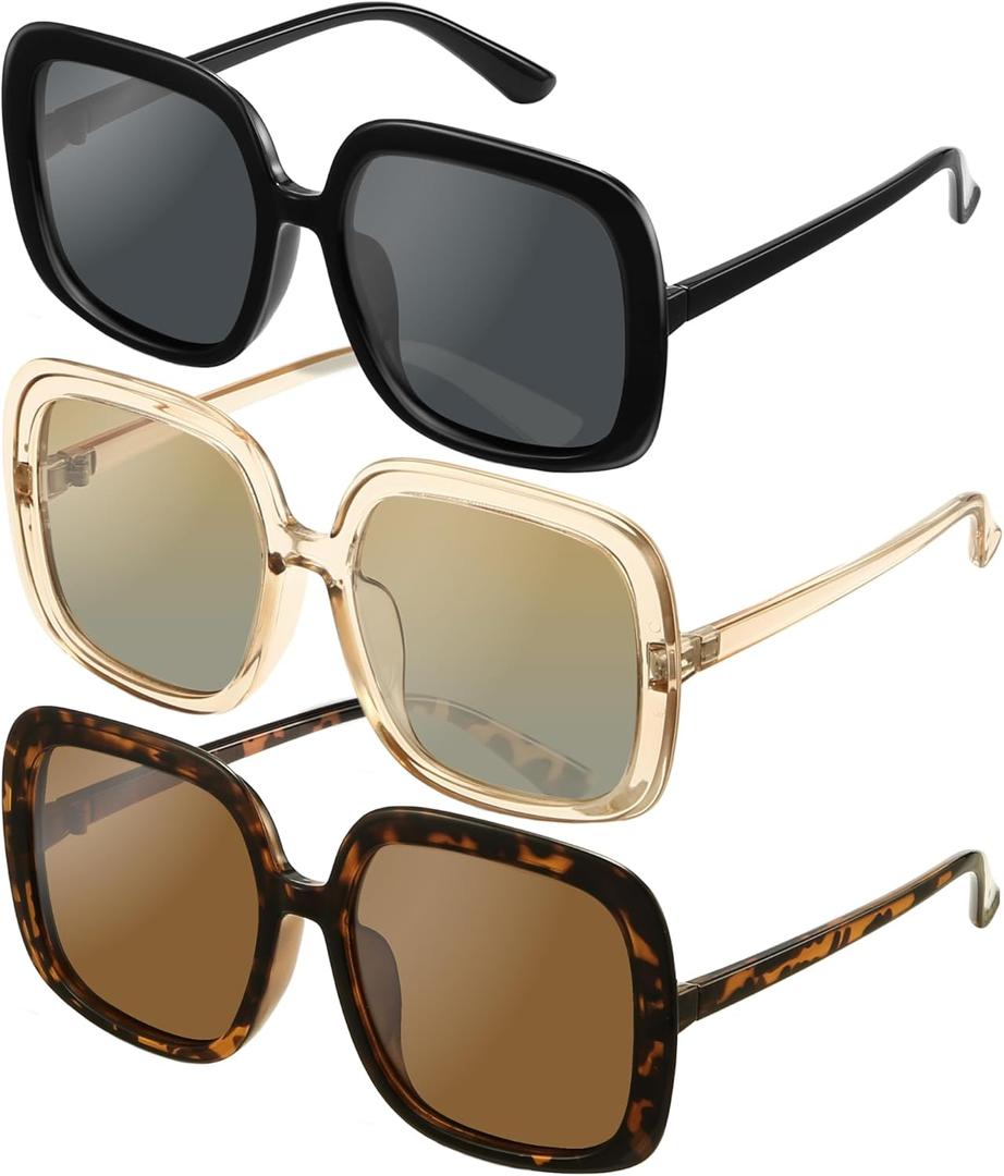 miyya Oversized Polarized Sunglasses Women, Trendy Retro Sun Glasses for Women 2025, Oversized Shades (All Black + Pale Pink + Amber Tortoise Light)