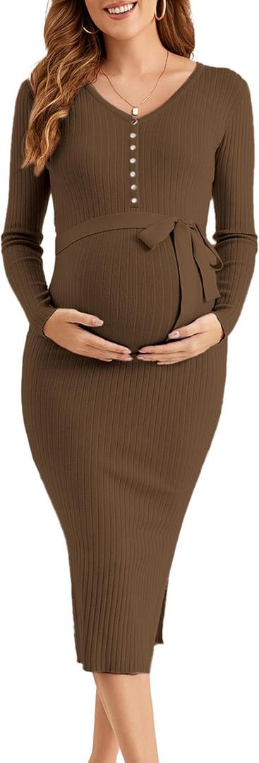 Ecavus Women's Winter Maternity Sweater Dress Long Sleeve V Neck Slim Fit Ribbed Knit Midi Bodycon Dresses with Belt (Large, Coffee)