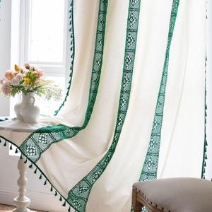 Deeprove Boho Curtains for Bedroom, Boho Curtain 63 Inches Length, Crochet Textured Splice with Cream Cotton Linen Fabric, Chic Bohemian Window Curtain Tassels, Rod Pocket, 1 Panel 59"W x 63"L, Green