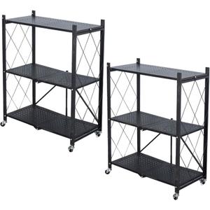 Life Hacks 2pcs 3-Tier Foldable Shelves for Storage, No Assembly Required, Folding Shelf Unit Pantry Shelves with Wheels, Metal Shelving Storage Rack Shelf for Kitchen Garage Home