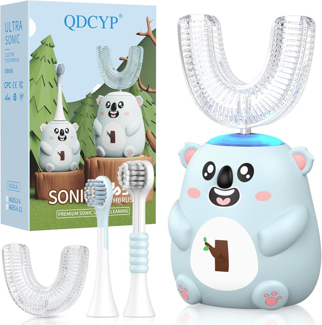 QDCYP Kids U Shaped Electric Toothbrush, Automatic 360 Sonic Cleaning, 6 Modes, 4 Brush Heads, Cute Cartoon Koala Design (2-6 Age (Grey Blue))