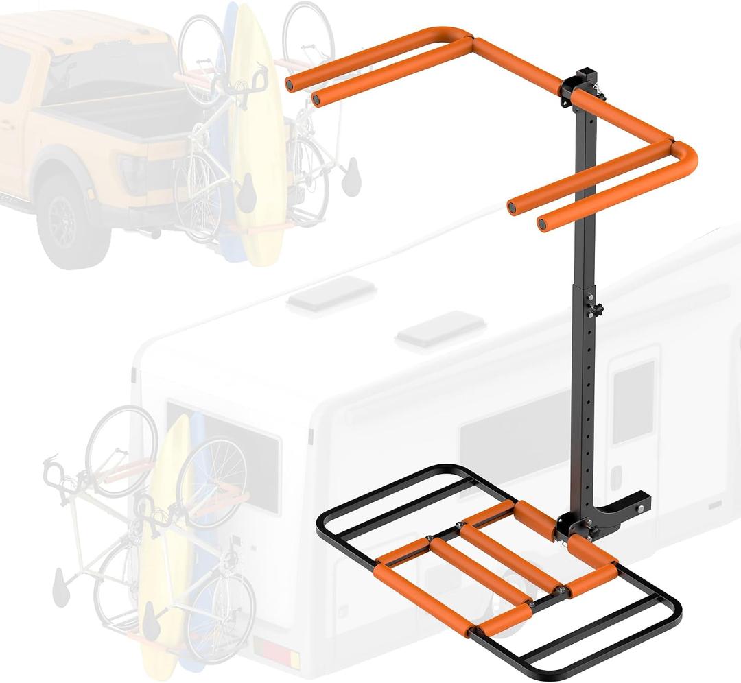 Vertical RV Kayak Rack and Bike Carrier for 2 Kayaks and 2 Bikes, 300 LBS Load Capacity Heavy Duty Alloy Steel | 2" Hitch Mount Foldable Universal Fit for Truck, SUV, RV, Van