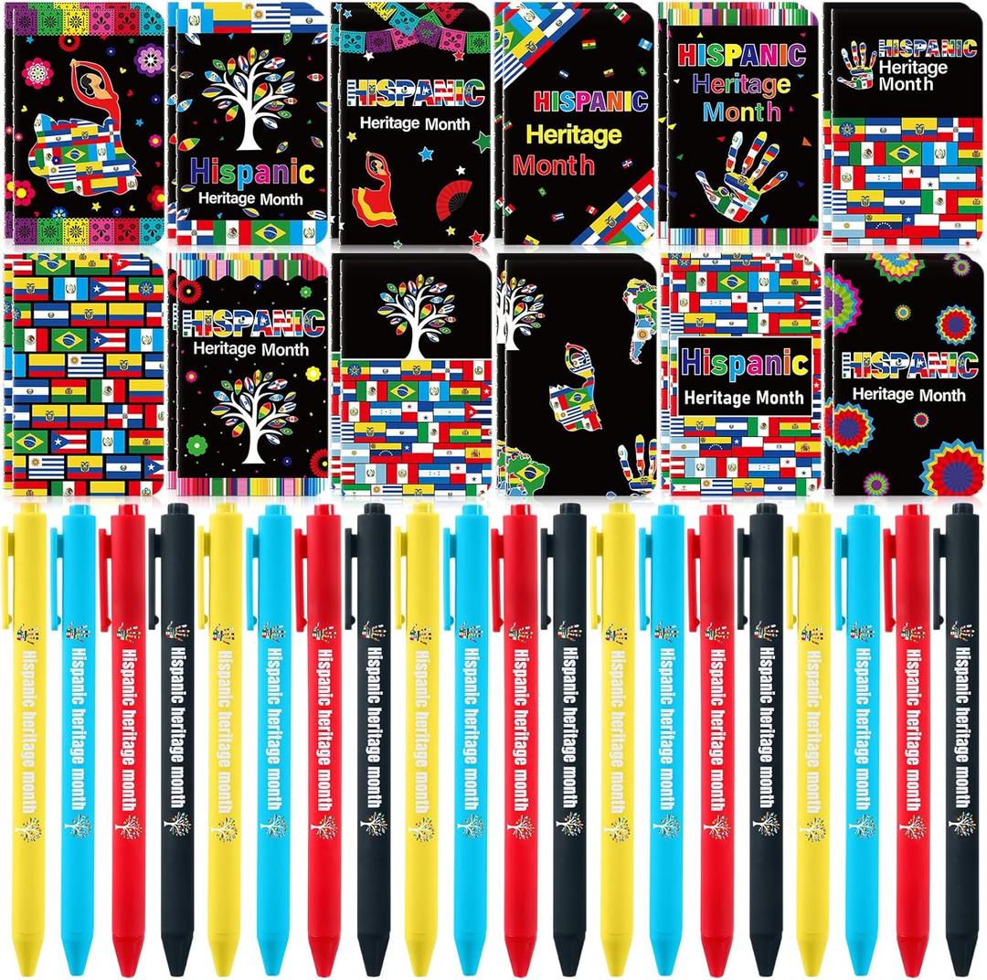 Zhanmai 48 Pieces Hispanic Heritage Month Gifts Set Spanish Pens Journal Notebooks Hispanic Heritage Month Ballpoint Pens with Notepads for Classroom Teacher Rewards Office School Supplies
