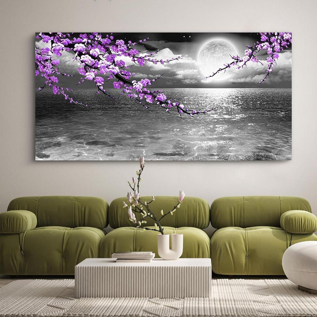 Large Purple Wall Art Decor for Living Room Bedroom Framed Black and White Seascape Full Moon Purple Flower Painting Canvas Picture Modern Hand-Painted Plum Blossom Artwork for Home Office, 58L" x 29W"