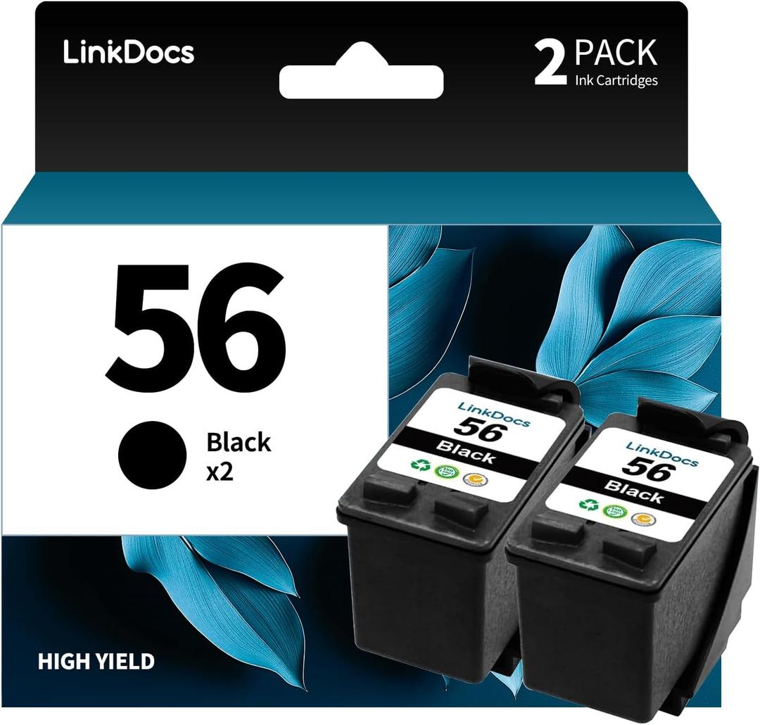 LinkDocs 56 Black Ink Cartridge Remanufactured Replacement for HP 56 C6656A 6656 Ink to use with OfficeJet 5610 6110 5510 4215 PhotoSmart 7660 7760 Printers (2 Black)