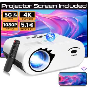 Windele 2024 Upgraded 5G Wifi Bluetooth Projector, M8 Native 1080P Video Projector, Portable Outdoor Projector with Screen, Home Theater Mini Projector Compatible with HDMI/USB, Black & White