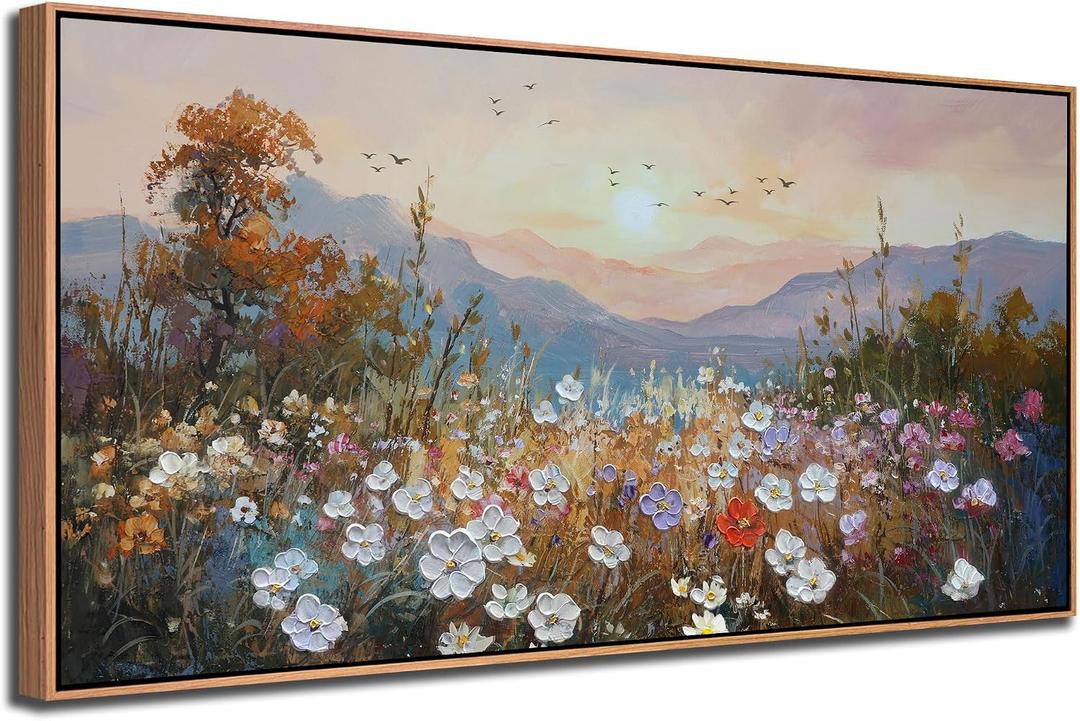 Framed Landscape Wall Art Canvas Painting Large Wall Decor for Living Room, Nature Wildflower Picture Scenry Rural Artwork Textured Large for Bedroom Dining Room Kitchen Home Office 48"x24"