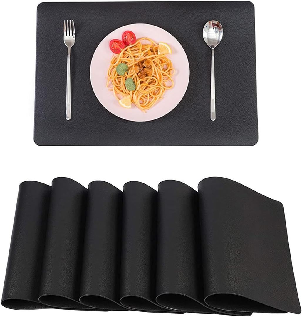 Leather Washable Placemats,Black Thick Faux Leather Heat Resistant Rectangle Table Mats,Waterproof Non-Slip Easy to Clean Placemats for Kitchen Coffee Dining Room Table Set of 6