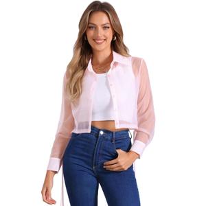Allegra K Women's See Through Top Long Sleeve Drawstring Hem Button Down Cropped Mesh Sheer Jacket (L)