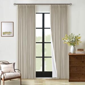 Beige Pinch Pleated Full Blackout Curtains Linen Blend Room Darkening Window Curtains 80 Inch for Living Room Bedroom Thermal Insulated Back Tab Pinch Pleat Drapes with Hooks Rings 2 Panels Oatmeal