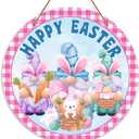 Happy Easter Welcome Door Sign, Bunny Decor Wooden Sign Round Decorative Wall Plaque, Easter Gnomes Welcome Sign for Front Door, Farmhouse Porch Yard Hanging Sign Outdoor Decorations -18