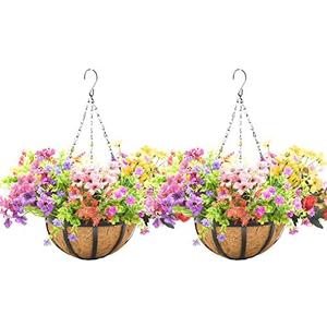KIDYBELL 2 Pack 10 Inch Round Hanging Basket with Coco Liners， Metal Hanging Baskets for Plants Outdoor， Hanging Planter with Chain Garden Products for Outdoor, Porch, Lawn, Garden