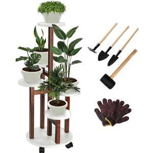 Plant Stand Indoor with Wheels - 5 Tiered Wood Corner Plant Stands For Living Room Balcony Garden Patio Outdoor- Espresso White