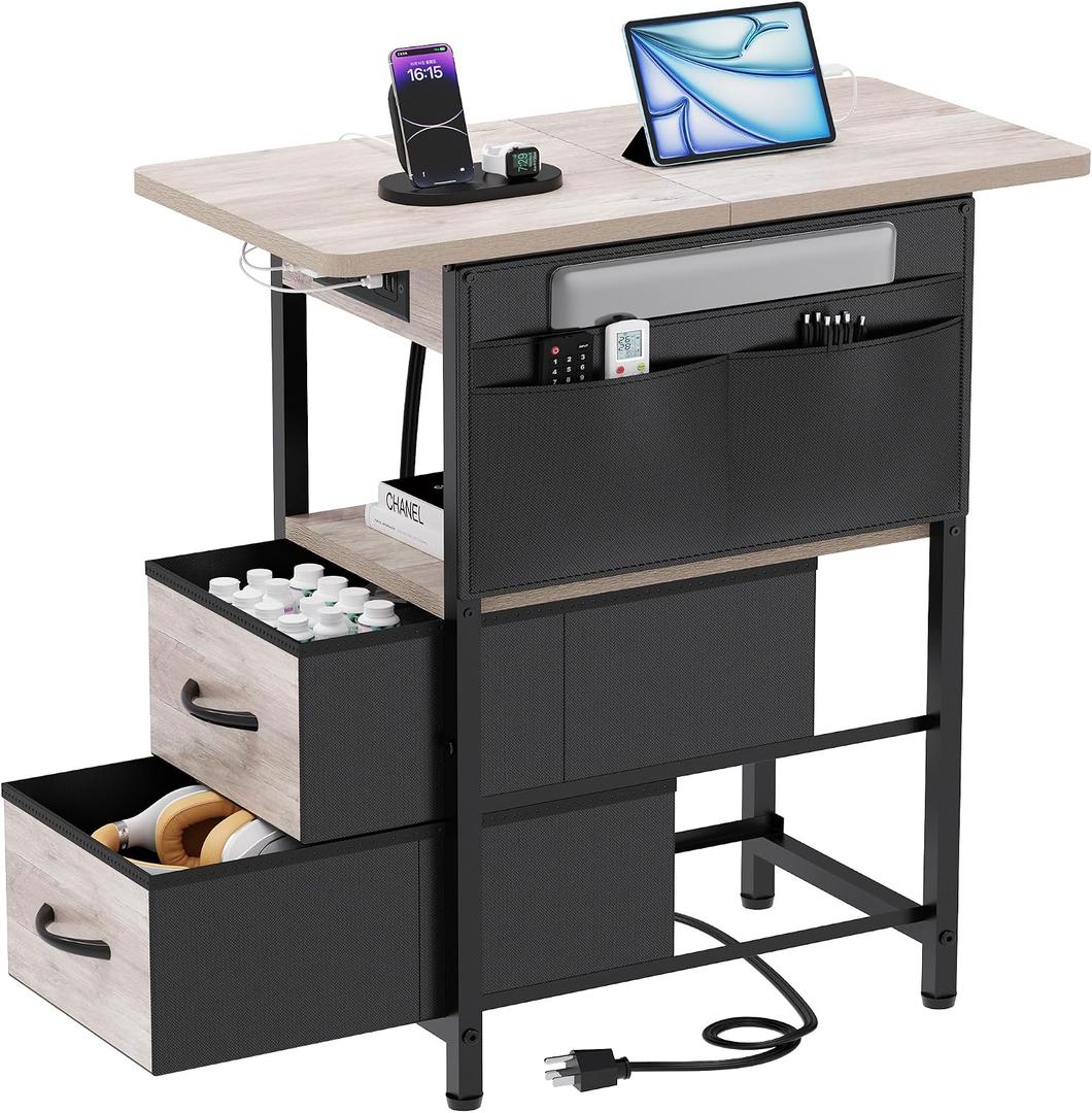 Yenlure Small Side Table with Charging Station, Narrow Nightstand Bedside Tables with Storage Pocket for Living Room Bedroom, Sofa End Table with USB Ports and Power Outlets for Small Spaces, Greige, 23.6 inches x 11 inches x 26.8 inches