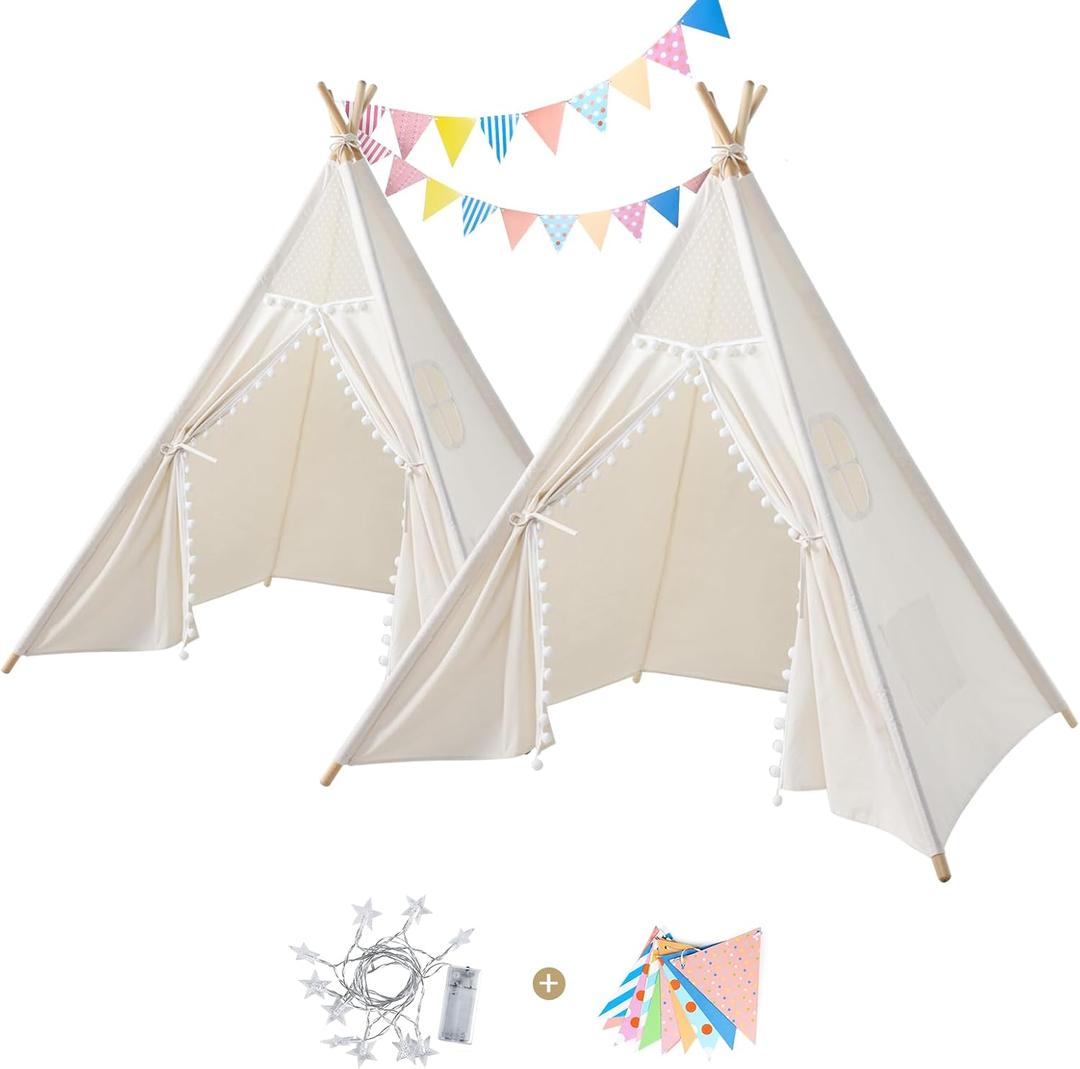 Sumbababy 2 Pack Kids Teepee Tent for Toddler, Boho Foldable Sleepover Tents for Girls & Boys, Indoor Washable Slumber Party Tent with Star Lights & Colored Flags