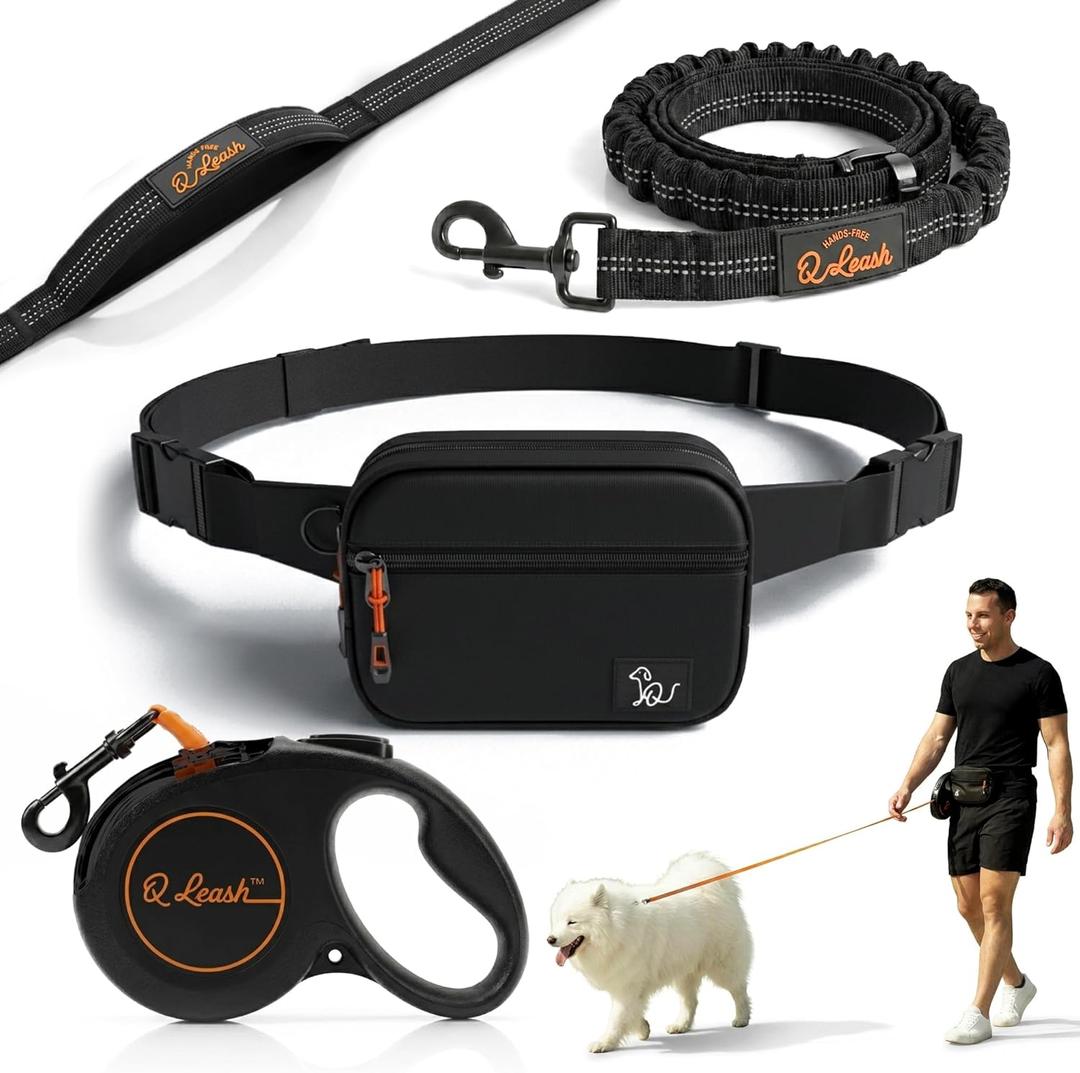 Retractable Hands Free Dog Leash with Zipper Storage Pouch - 3-Piece Bungee Running, Walking & Hiking Leash with Waist Belt - Release Clip, One Button Lock - Reflective Stitching for Medium Large Dogs