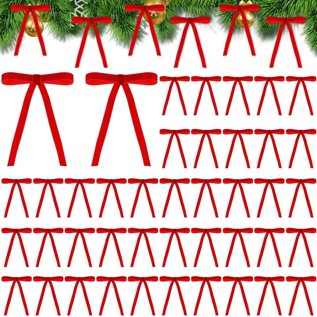 Joottuan Velvet Christmas Bow 5 x 7 inches Rustic Crafts Gift Bows Vintage Velvet Ribbon Wreath Bows for Christmas Tree Home Decor Indoor Outdoor Decoration (48, Red)