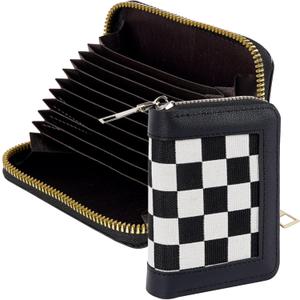 Compact Credit Card Holder, Checkered RFID Zip-Around Accordion Wallet Organizer with 9 Card Slots and 2 Cash Slots Compact Credit Card Holder, Checkered RFID Zip-Around Accordion Wallet Organizer with 9 Card Slots and 2 Cash Slots