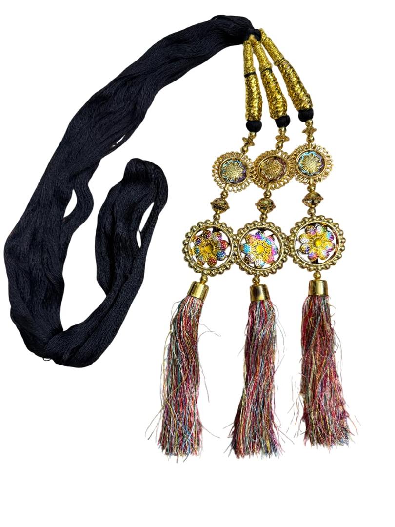 Handcrafted Black Braided Paranda/Parandi for Hair | Gold-Toned Medallions with Multicolor Floral Work & Silk Tassels | Traditional Punjabi Indian Hair Accessory for Women (Length - 31")