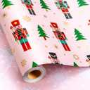 Retrify Nutcracker Christmas Wrapping Paper Roll, 17 Inches x 32.8 Feet Pink Gift Wrap for New Year Holiday, Christmas Tree/Snowflake/Star Design