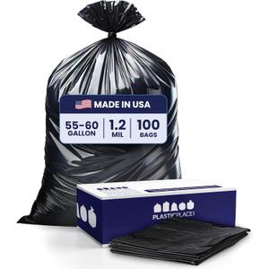 Plasticplace 55-60 Gallon Trash Bags, 1.2 Mil Heavy Duty Contractor Garbage Bags, Black Tear-Resistant Bags for Construction, Yard Waste, Industrial Use, Large 38 x 58 (100 Count)