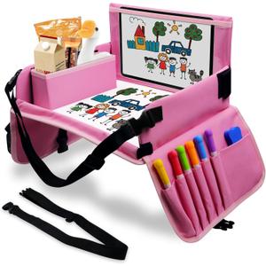Car Seat Tray for Kids Travel, Carseat Tray for Toddler Road Trip Activities, Car Trays for Kids Road Trip Essentials, Travel Trays for Airplane, Toddler Car Seat Lap Table - Pink