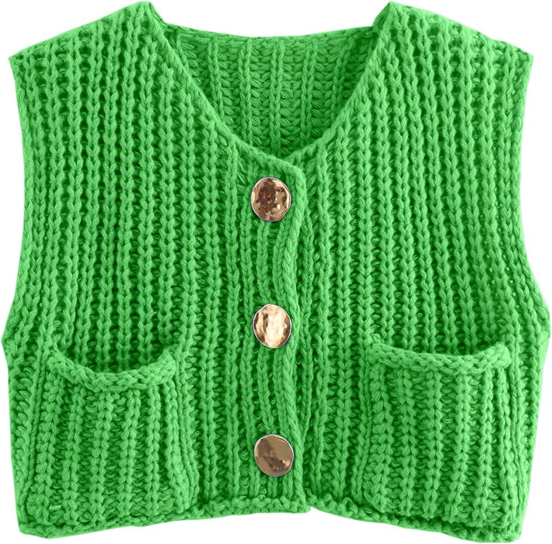 Hvewarm Womens Casual Chunky Knit Vest Gold Button Down Crop Crochet Sleeveless Sweater Vest (Green-S), Small (Green, S)