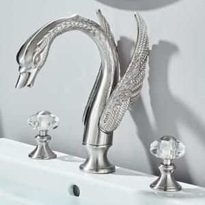 Polished Brushed Swan Shaped 3 Hole Lavatory Faucet with 2 Crystal Knobs,Widespread Bathroom Faucet Swan Design