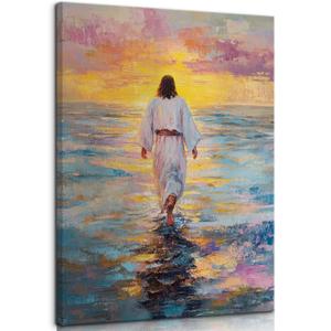 Pink Jesus Wall Art Jesus Walking On Water Wall Decor God Christian Painting Poster Religious Biblical Picture Print Artwork for Living Room Bedroom Church Decoration Home Decoration (16x24in Canvas)