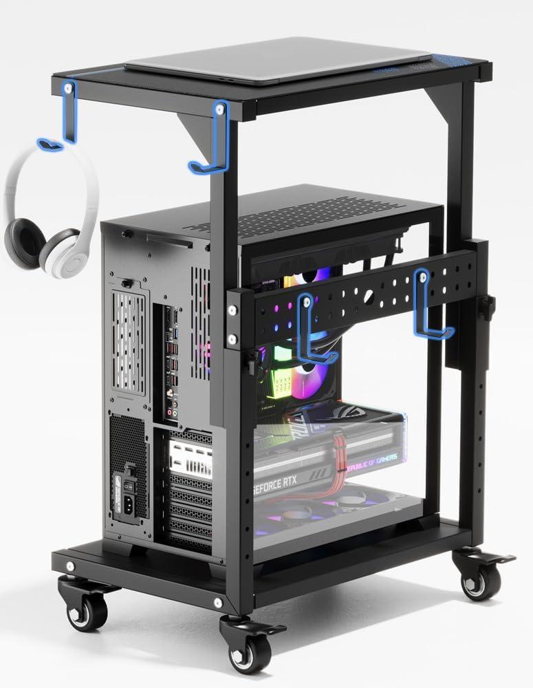 Computer Tower Stand, 6 Level Height Ajustable PC Tower Stand for Floor, Mobile Rolling CPU Holder Cart for Gaming Office Home,21.34"-28.3", Black