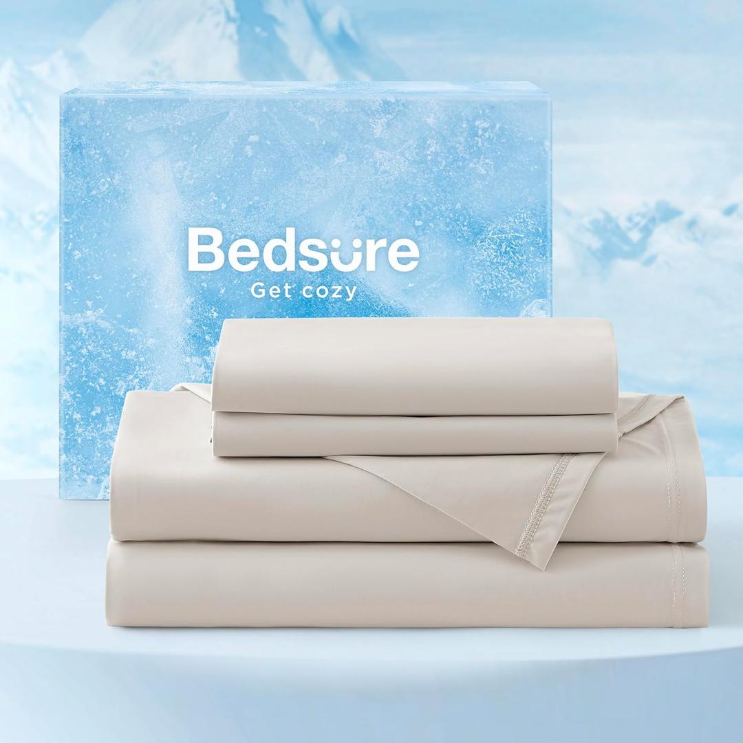 Bedsure Cooling Sheets Cal King, Cooling Bed Sheets for Hot Sleepers, Chill Cool Sheet, Deep Pocket Up to 18 Inches, Soft & Breathable California King Sheet Sets, 4 Pieces, Beige