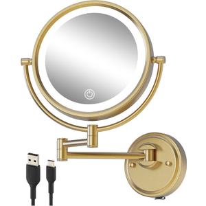 10" Large Lighted Makeup Mirror Wall Mounted, Rechargeable 1X/5X Double-Sided 3 Color Touch Dimmable Extended Swing Arm 360 Rotation Vanity Mirror for Bathroom, Brushed Moderne Brass