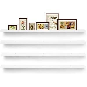 Picture Shelves for Wall,Long Floating Ledge Set of 4,Narrow Large Wood Rustic Photo Frames Vinyl Record Storage Display Nursery Kids Bookshelf Decor for Living Room Bedroom Kitchen,47'',White