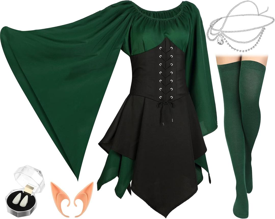 Jadive 5 Pcs Women Elf Renaissance Medieval Dress Traditional Irish Fairy Viking Costume Elf Ear for Halloween Cosplay (Small, Green, Black)