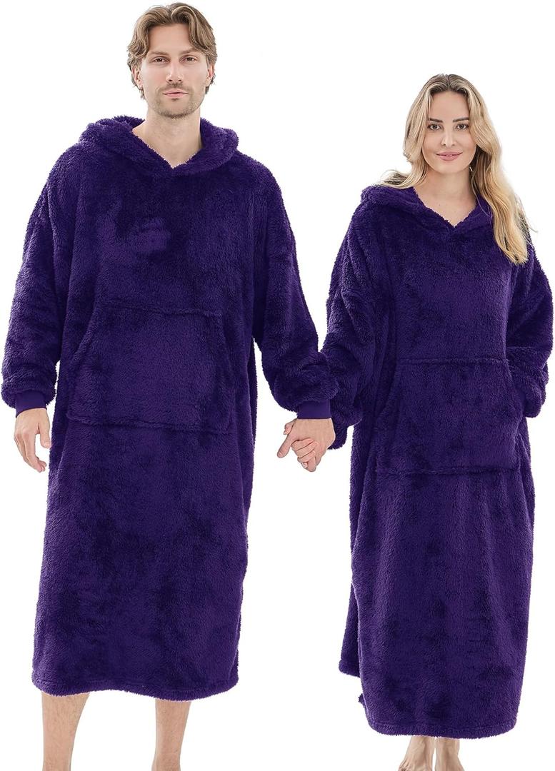 Wearable Blanket Hoodie for Women Men, Fleece Warm Comfy Hooded Sweatshirt with Pockets & Sleeves Cozy Gift for Adult (Oversize, Dark Purple)