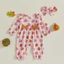 Halloween Baby Girl Outfit Infant Fall Clothes Long Sleeve Bubble Romper Pumpkin Bodysuit Jumpsuit with Headband (0-3 Months)