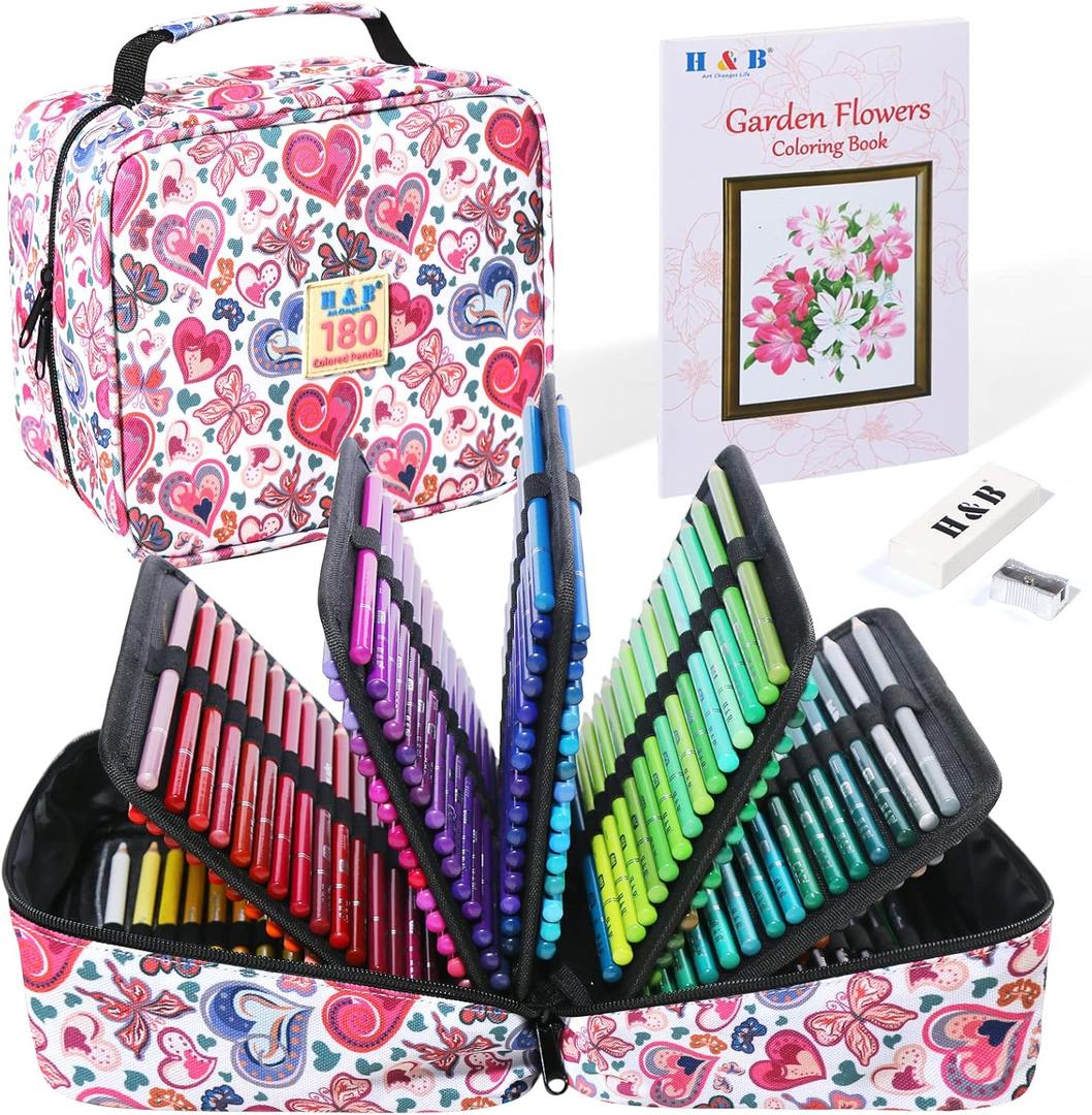 H & B 180-Color Colored Pencils Set with Coloring Book, Eraser, and Sharpener - Perfect for Drawing and Coloring - Soft Oil-Based Cores Ideal for Adults, Artists, and Beginners